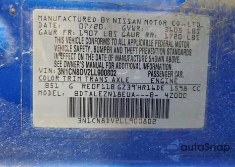 2020 Nissan Versa S z USA, uszkodzony, nr VIN 3N1CN8DV2LL900802